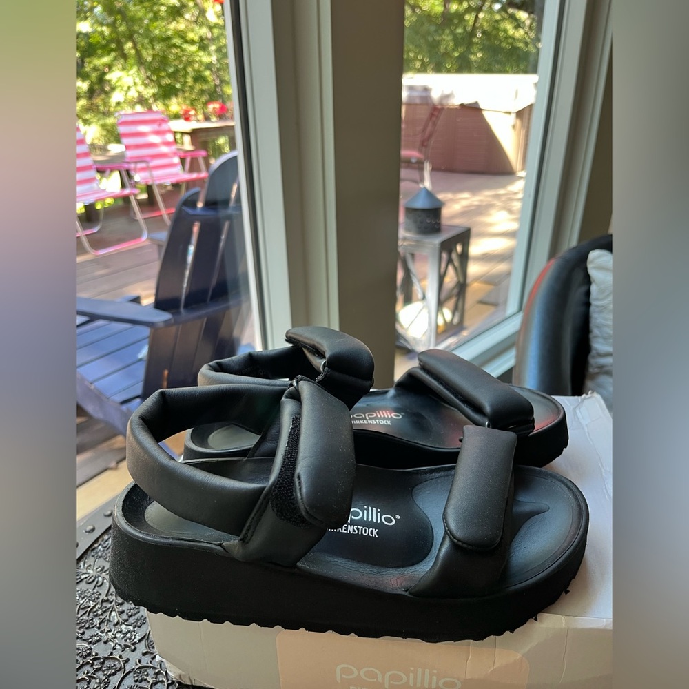 BIRKENSTOCK PAPILLIO THEDA LEATHER PLATFORM SANDALS BLACK 39 EU 8 US - Picture 9 of 11